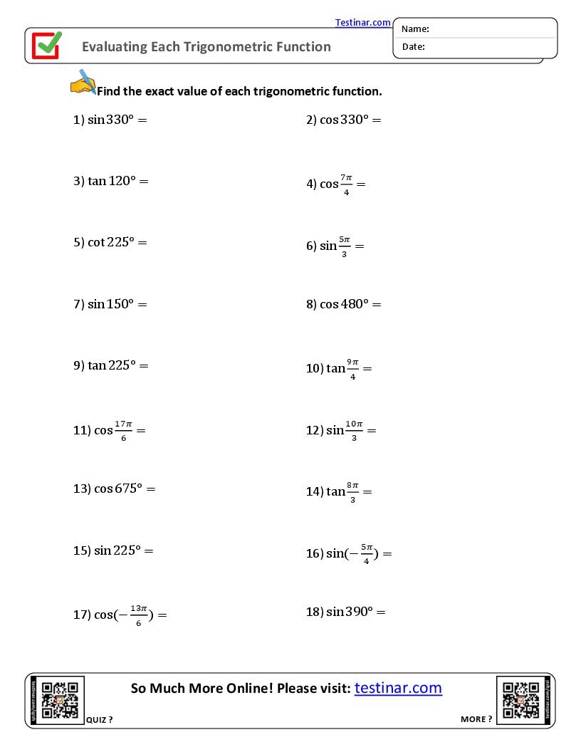 Evaluating Each Trigonometric Function Worksheets