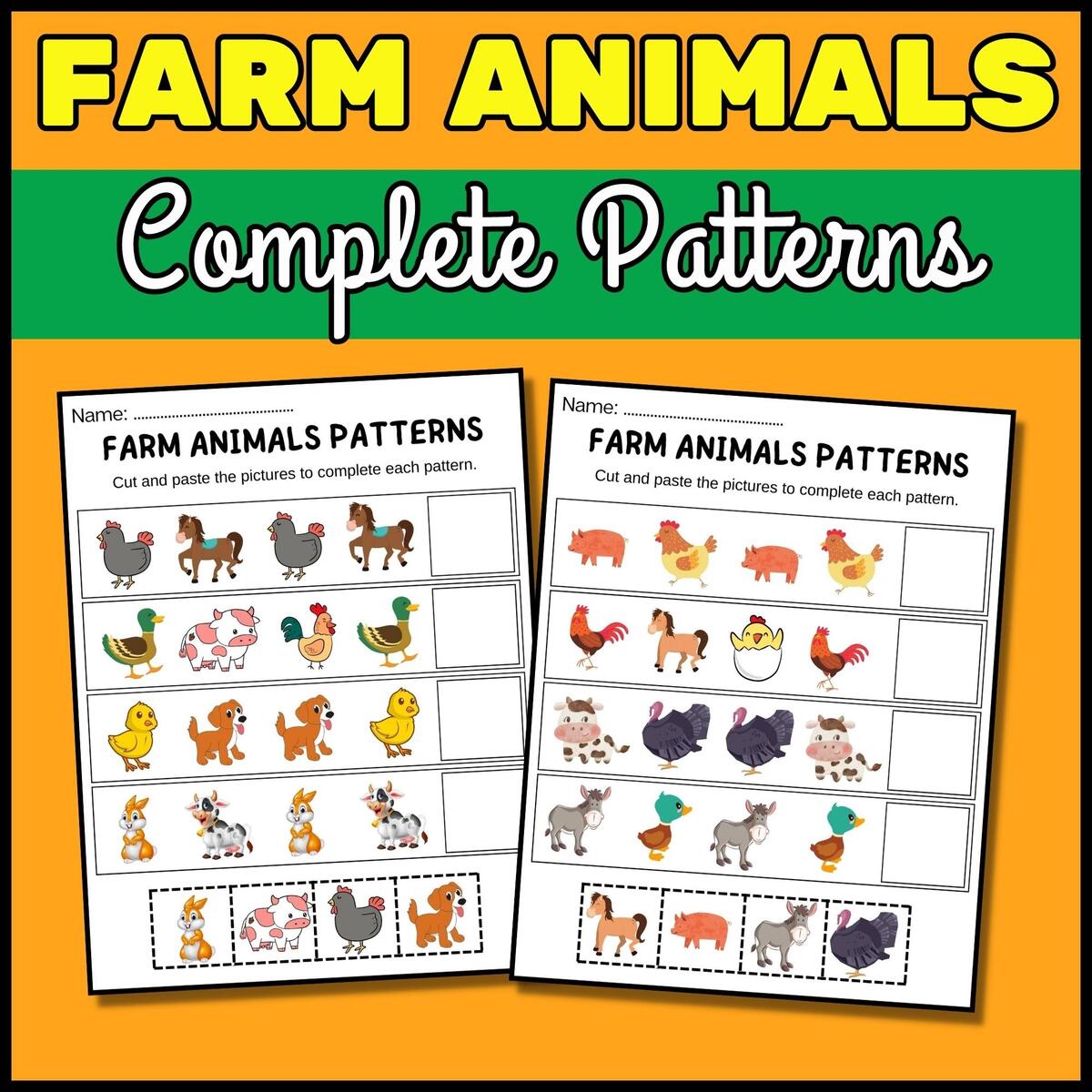 Farm Animal Themed Complete The Pattern Worksheets Cut Paste Worksheets Made By Teachers