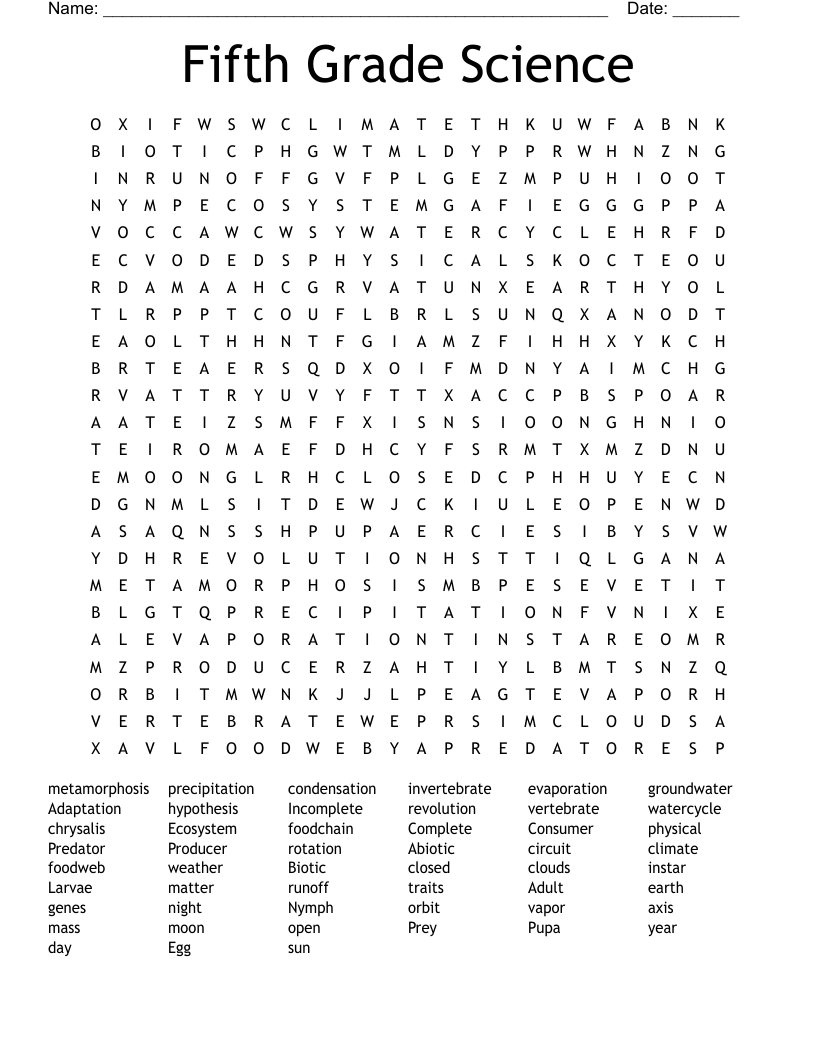 Fifth Grade Science Word Search WordMint 5th Grade Vocabulary Word Search WordMint