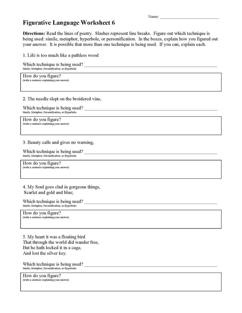 Figurative Language Worksheet 6 Reading Activity Printable Grade 6 Figurative Writing Worksheets