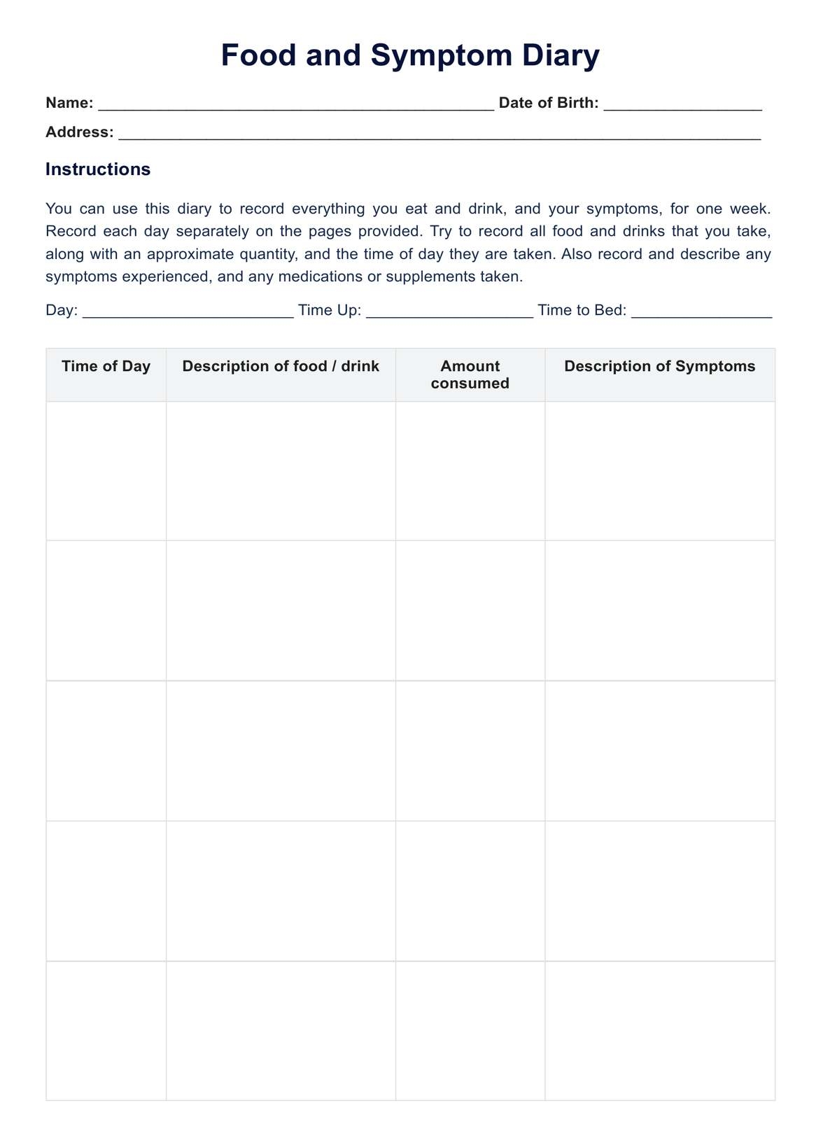Food And Symptom Diary PDF