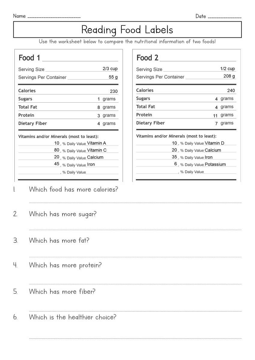 Food Label Worksheets Food Label Worksheets