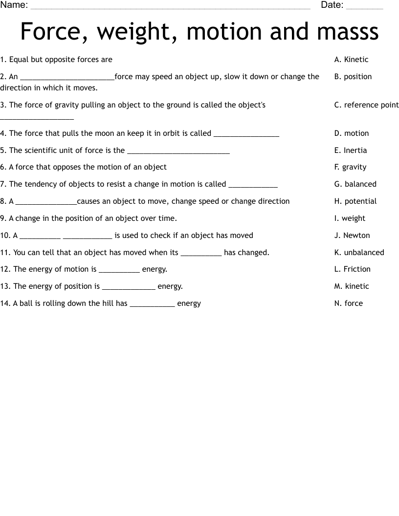 Force Weight Motion And Masss Worksheet WordMint Force Weight Motion And Masss Worksheet WordMint