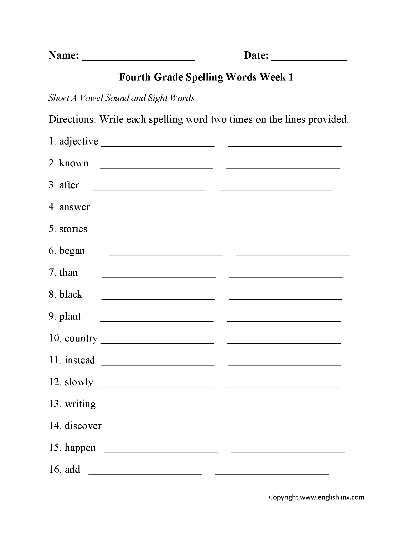 Fourth Grade Spelling Worksheets Free Printable Word Lists Practice Fourth Grade Addition Worksheet