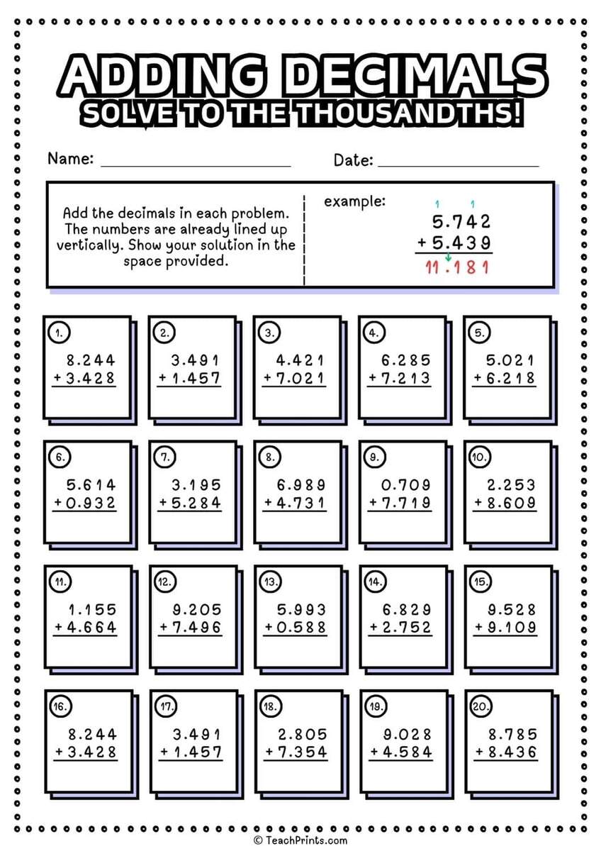 Free Adding Decimals Worksheets Teach Prints Adding Decimals Worksheet 5th Grade