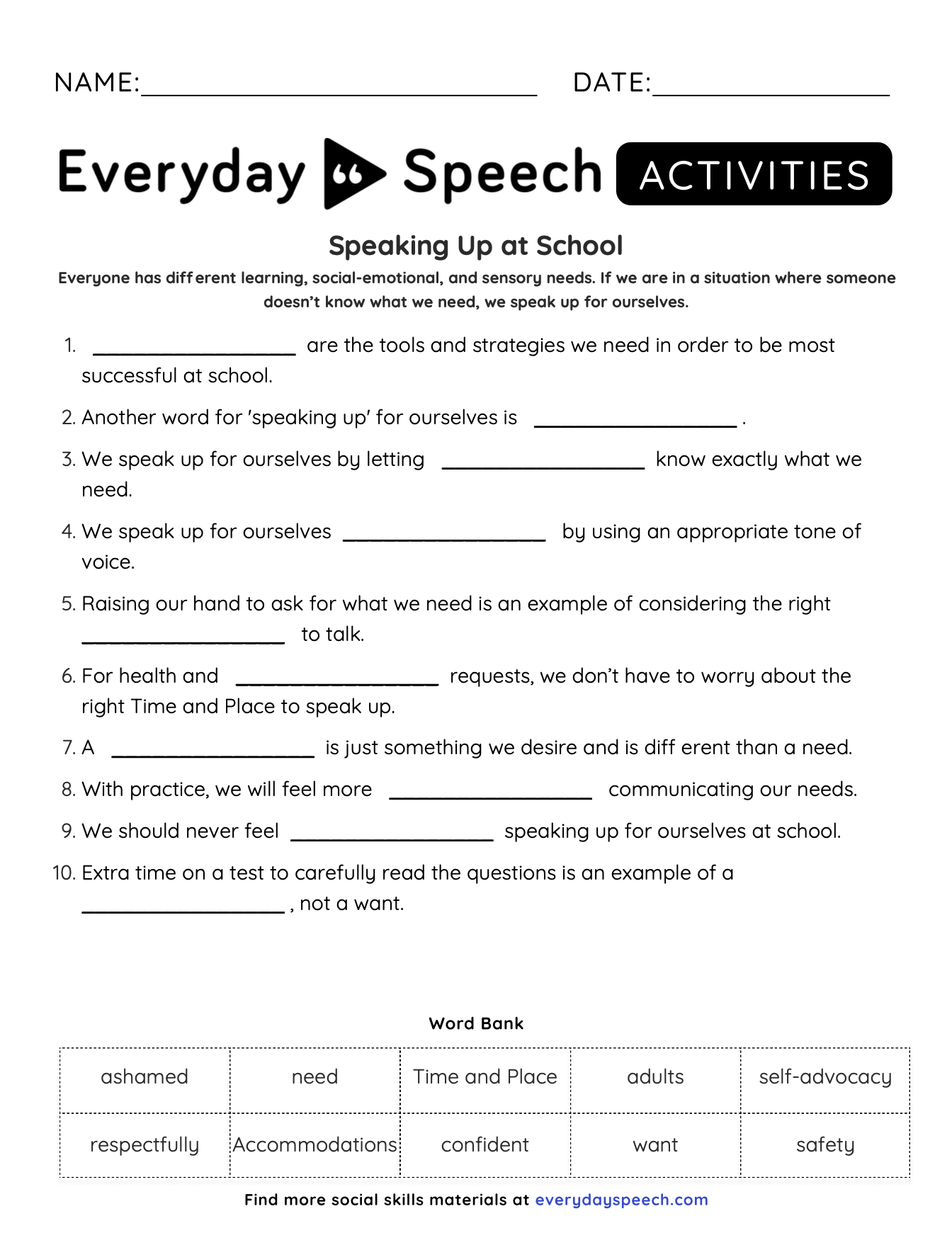 Free Elementary Self Advocacy Material Everyday Speech Worksheets Library Free Elementary Self Advocacy Material Everyday Speech Worksheets Library