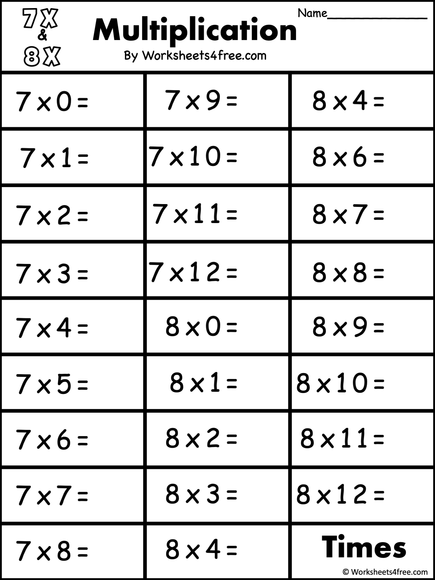 Free Multiplication Worksheet 7s 8s Worksheets4Free 7 Times Table