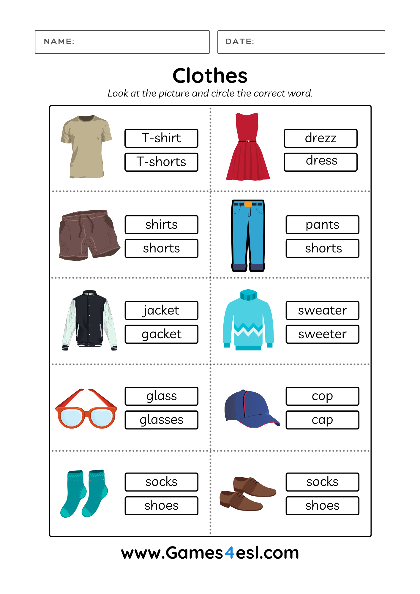 Free Printable Clothes Worksheets For Kids Games4esl