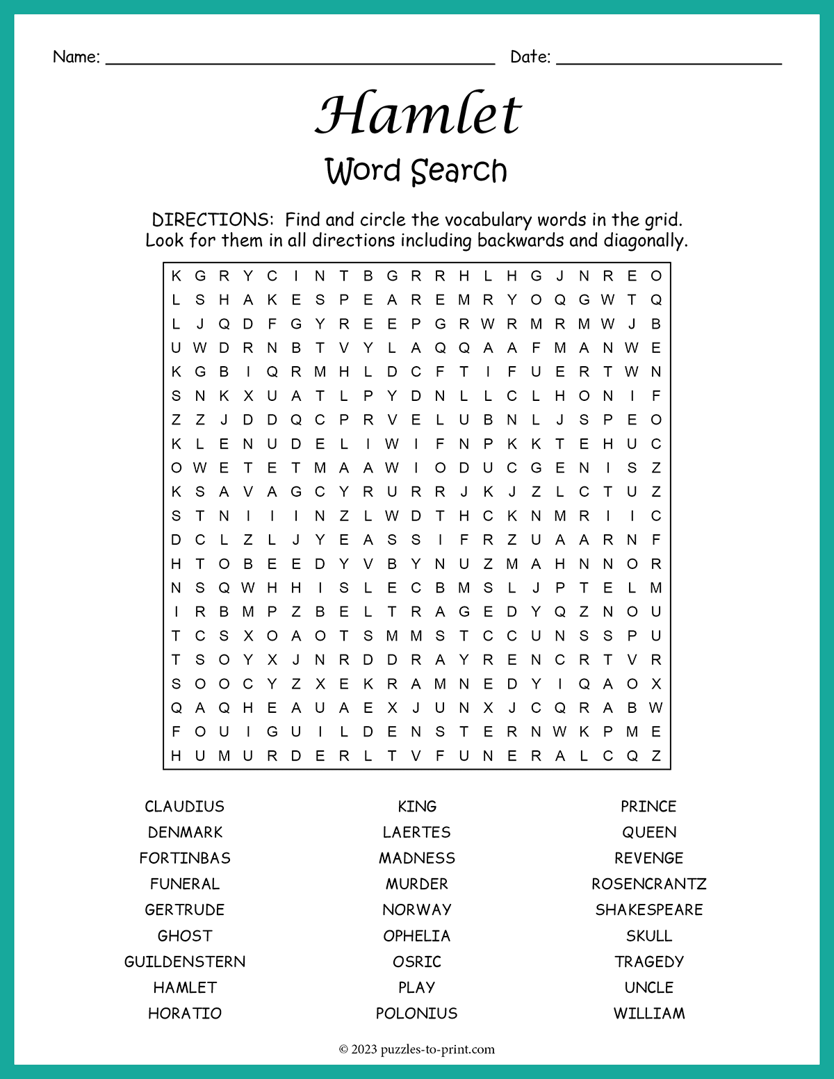 Free Printable Hamlet Word Search Hamlet Activities Introduction Lessons And Teaching Ideas Building Book Love