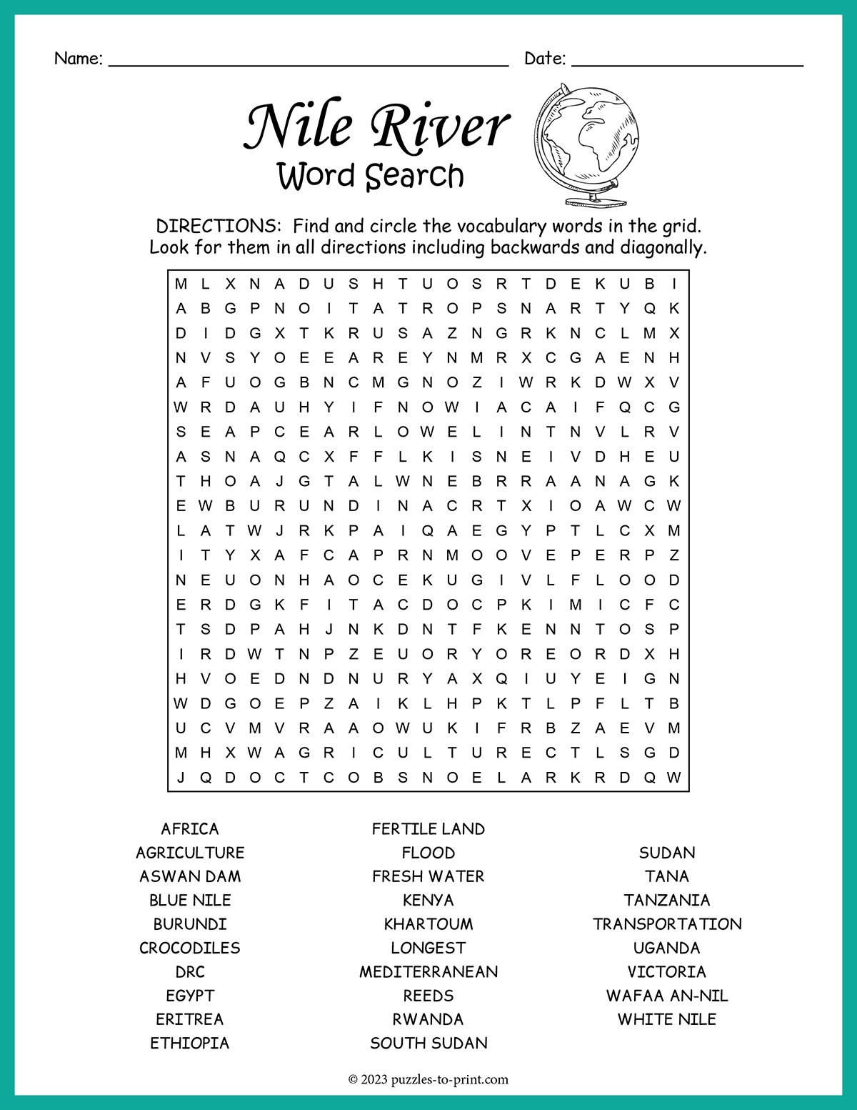 Free Printable Nile River Word Search