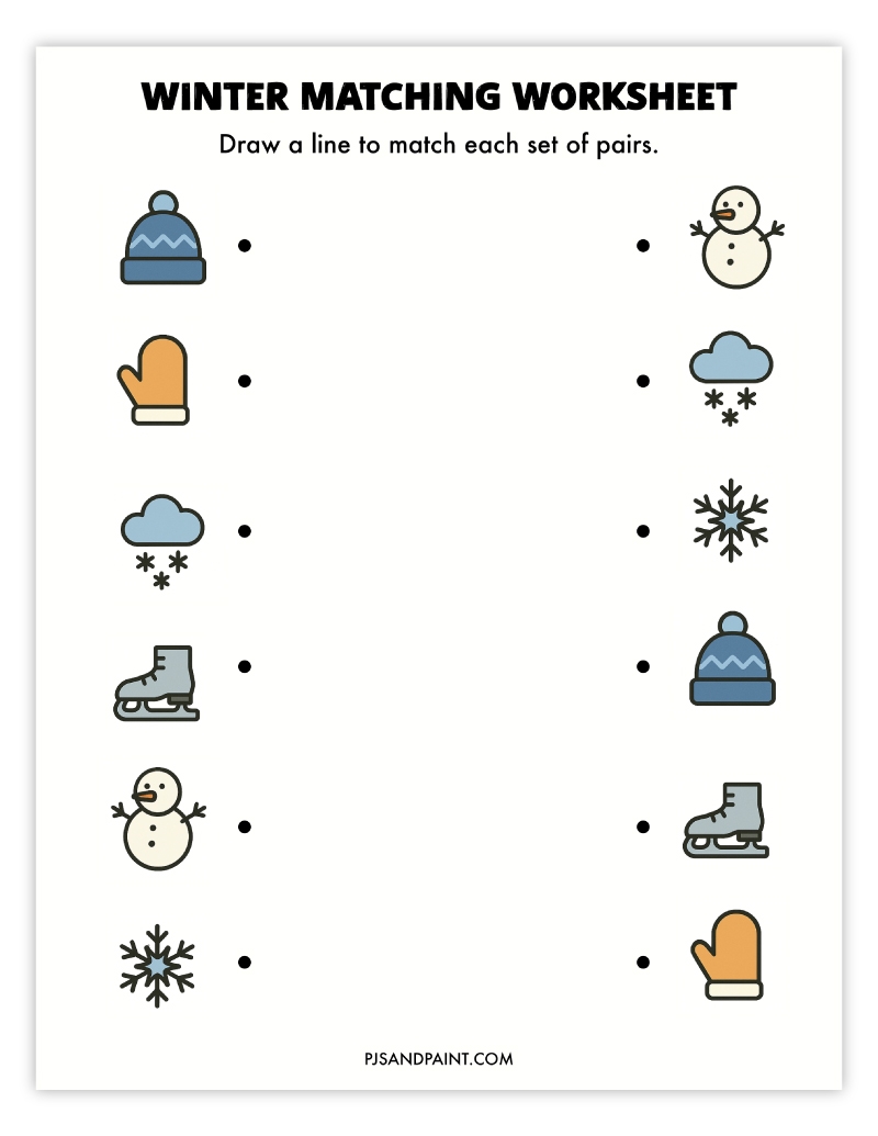 Free Printable Winter Matching Worksheet Pjs And Paint Winter Worksheets Free Printables Superstar Worksheets