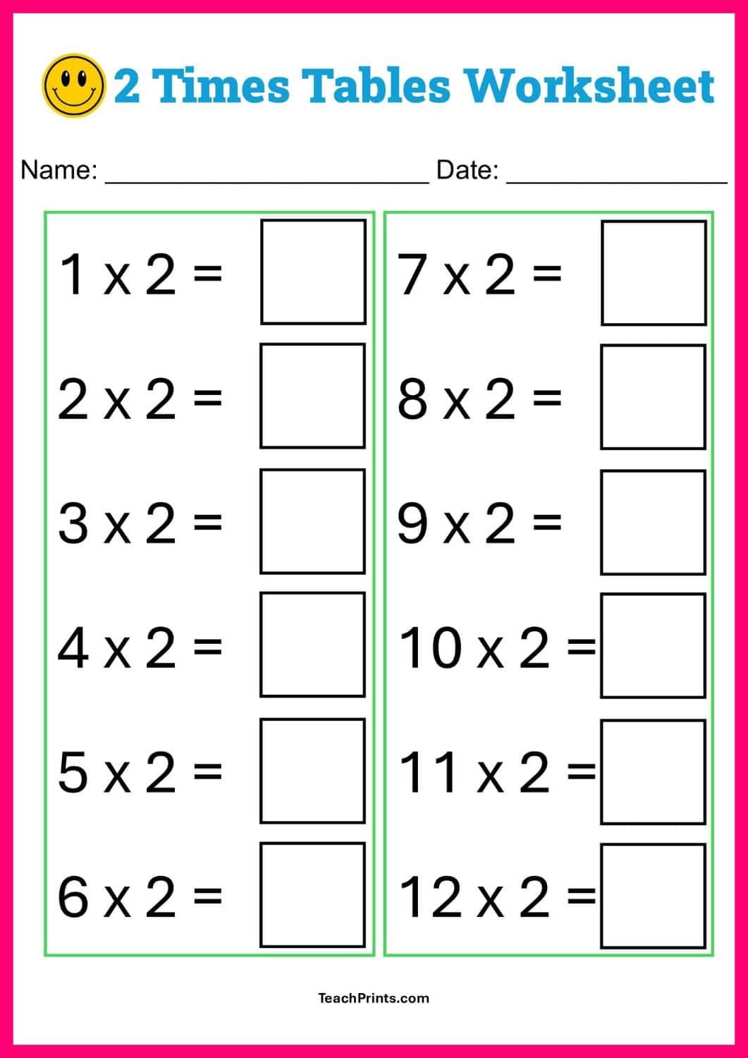 Free Two Times Tables Worksheets Teach Prints 2 Times Table