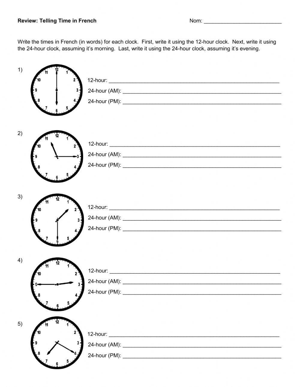 French Time Review Quelle Heure Est Il Worksheet Worksheets Library