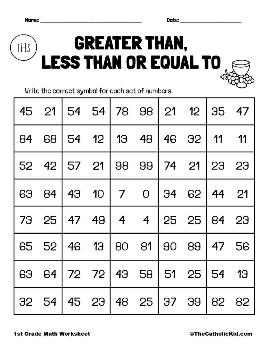Greater Than Less Than Or Equal To 1st Grade Math Worksheet Catholic TheCatholicKid