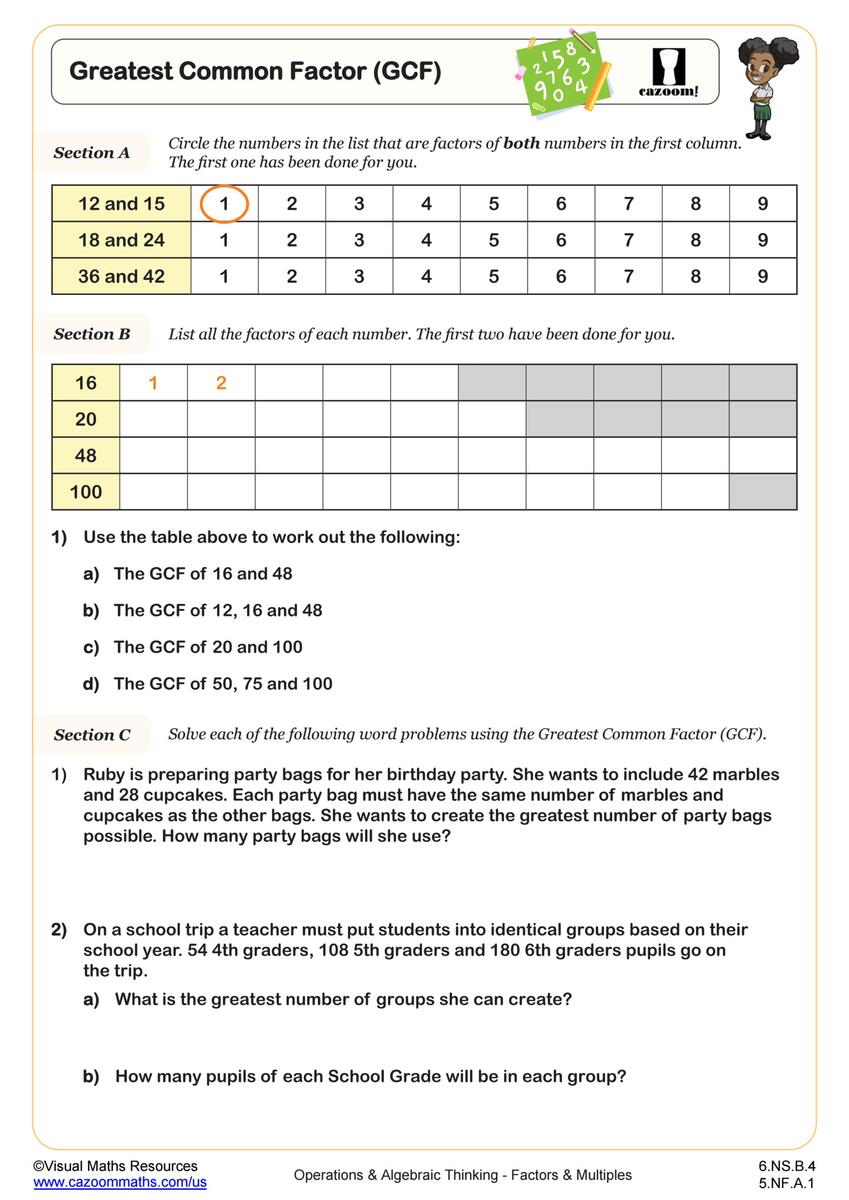Greatest Common Factor GCF Worksheet PDF Printable Operations Worksheets Library