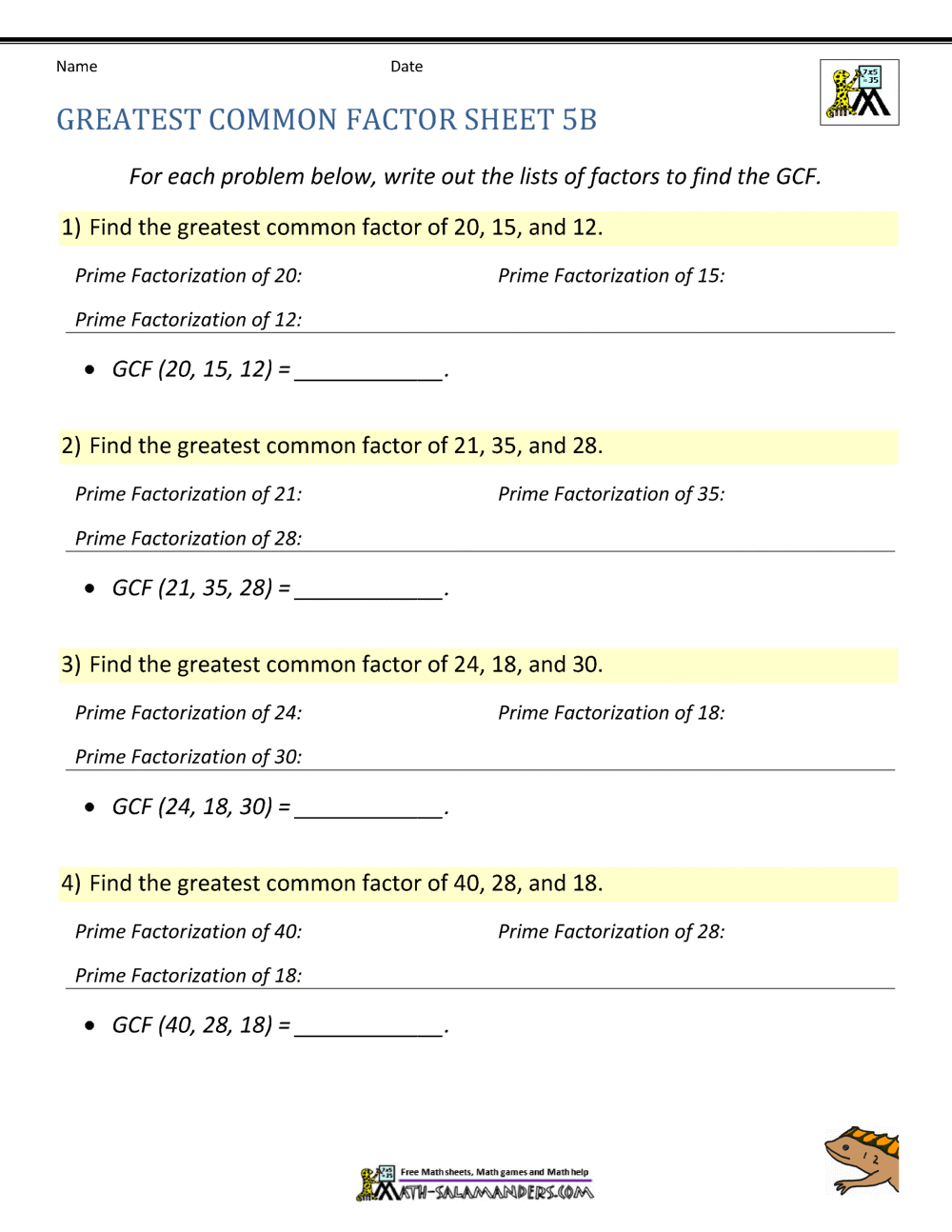 Prime Factorization For GCF And LCM A Worksheet PDF Printable Operations Algebraic Thinking Worksheet Cazoom Math