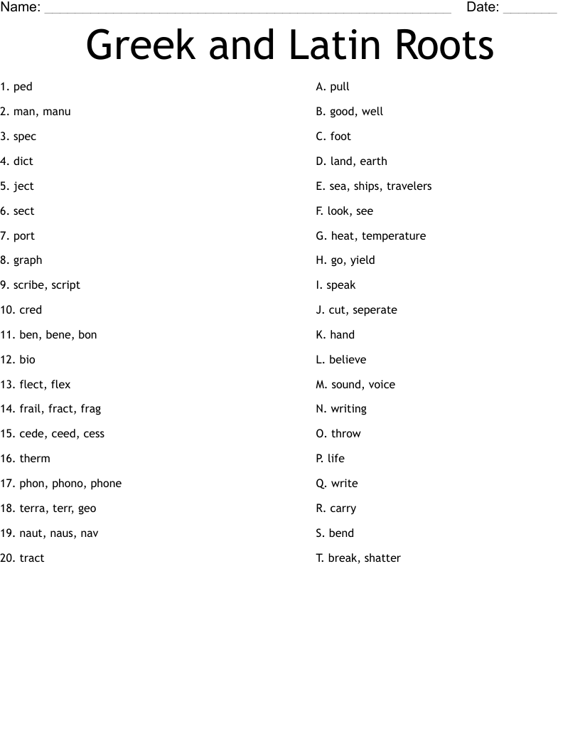 7th Grade Greek And Latin Roots Worksheets Printable