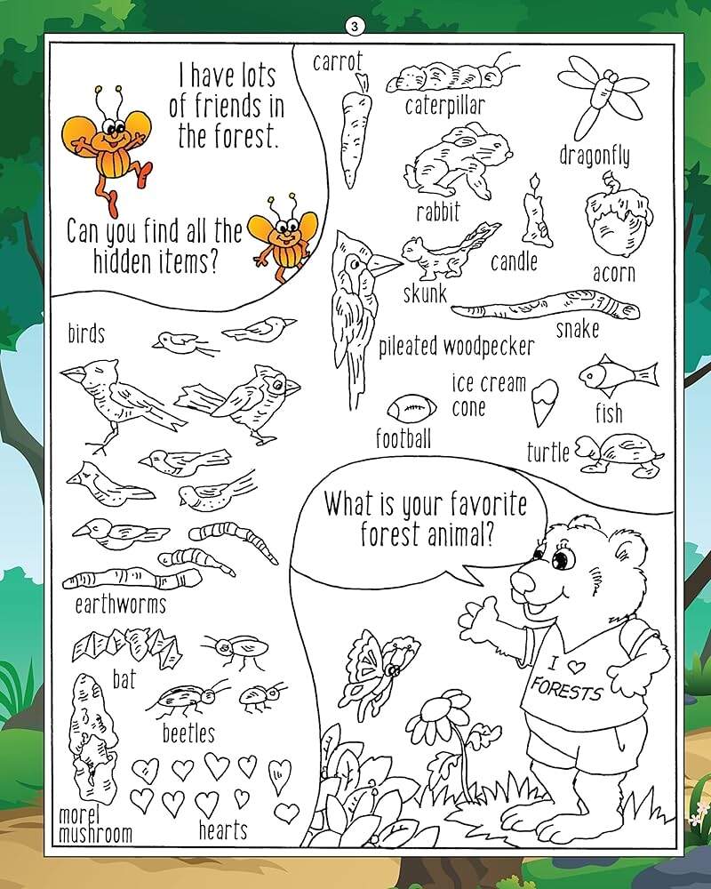 Hidden Picture Puzzles In The Forest 50 Seek And Find Puzzles To Solve And Color Happy Fox Books 400 Animals And Secret Objects To Find Fun Facts About Nature And Coloring Pages For Kids