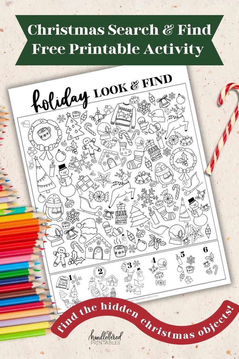Holiday Look Find Find The Hidden Christmas Objects Printable Hand Lettered Printables New Year S Day Hidden Picture Puzzle Coloring Page B00