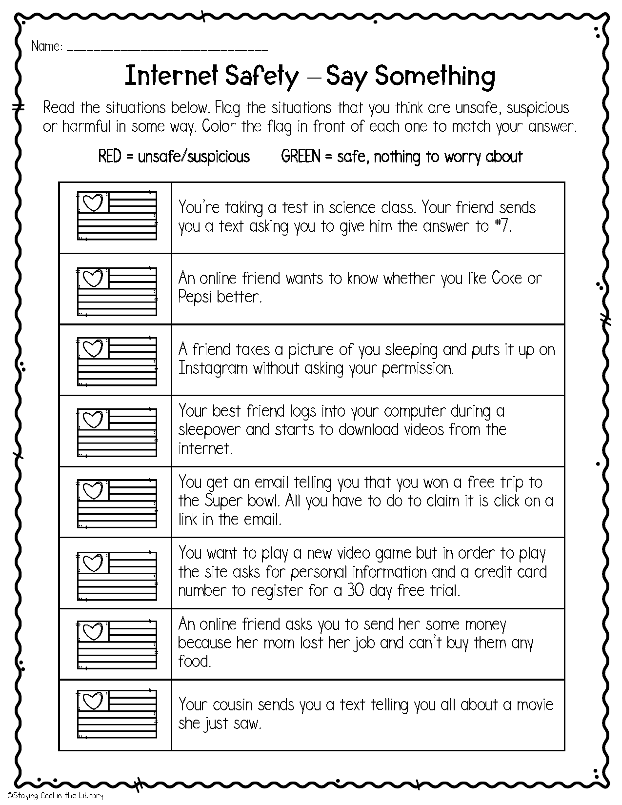 Internet Safety Worksheets And Task Cards Staying Cool In The Library