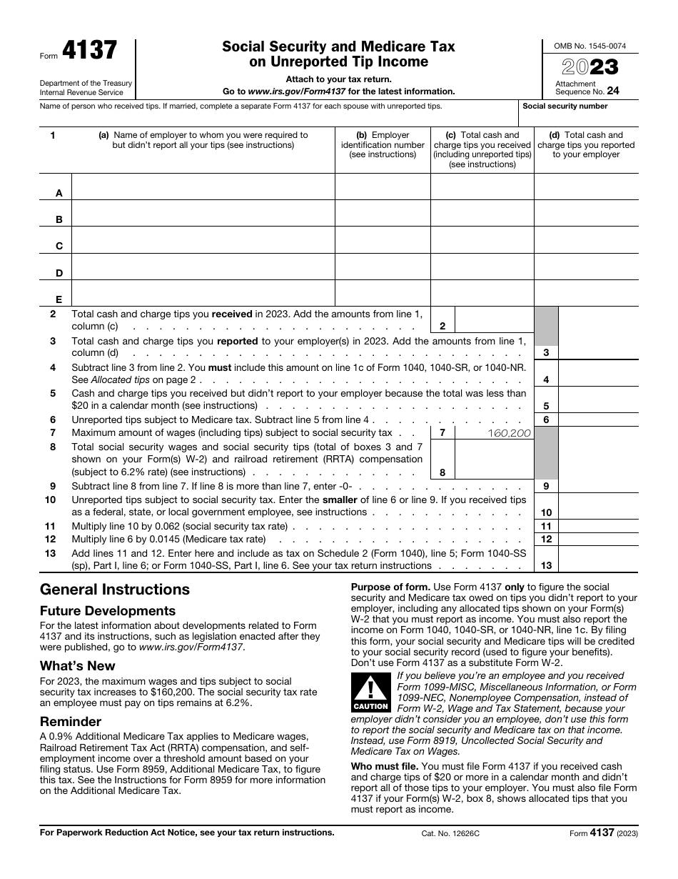 IRS Form 4137 Download Fillable PDF Or Fill Online Social Security And Medicare Tax On Unreported Tip Income 2023 Templateroller