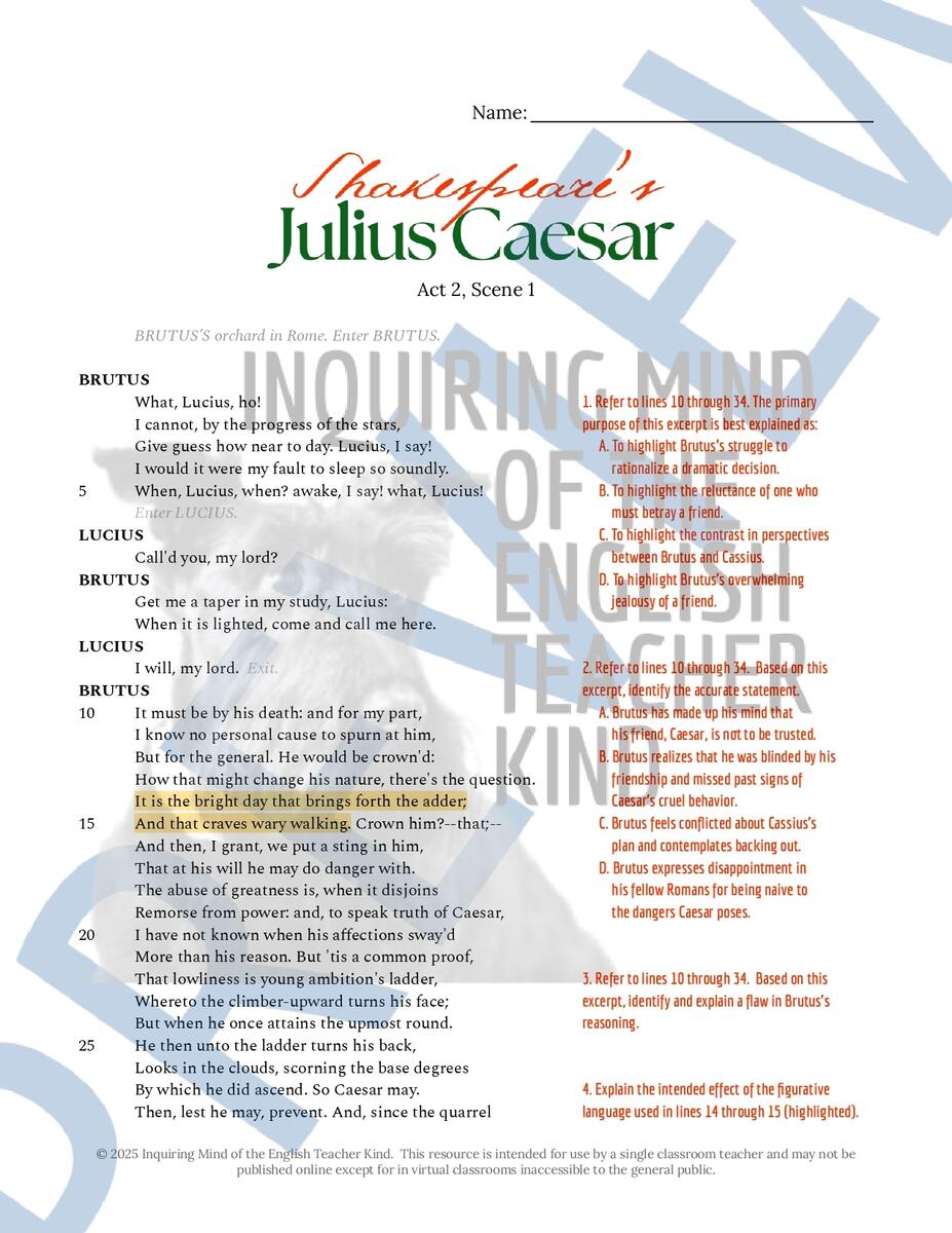 Julius Caesar Act 2 Scene 1 Close Reading Analysis Worksheet And Answer Key Made By Teachers