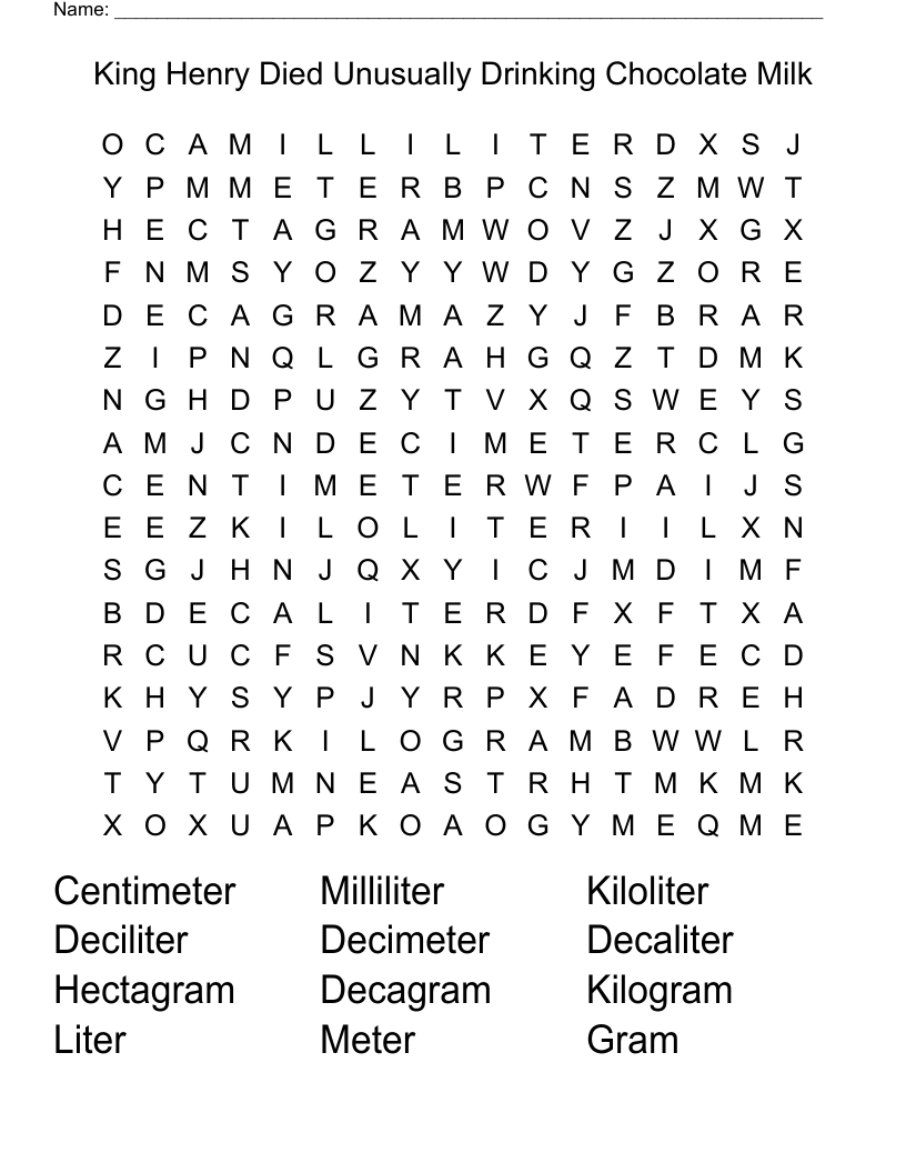 King Henry Died Unusually Drinking Chocolate Milk Word Search WordMint