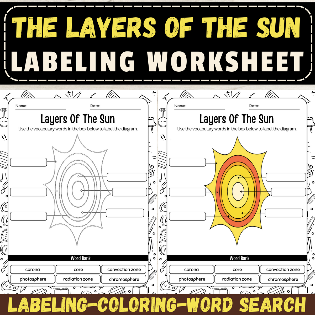 Label The Layers Of The Sun Sun Worksheet With Coloring Pages Word Search Made By Teachers
