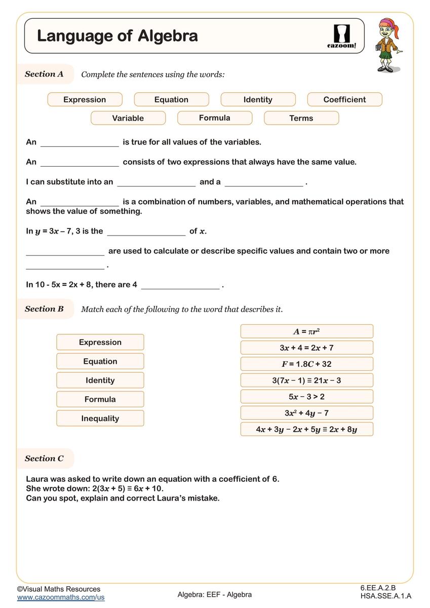 Language Of Algebra Worksheet Fun And Engaging 6th Grade And Integrated Math I Algebra Worksheet Cazoom Math Language Of Algebra Worksheet Fun And Engaging 6th Grade And Integrated Math I Algebra Worksheet Cazoom Math