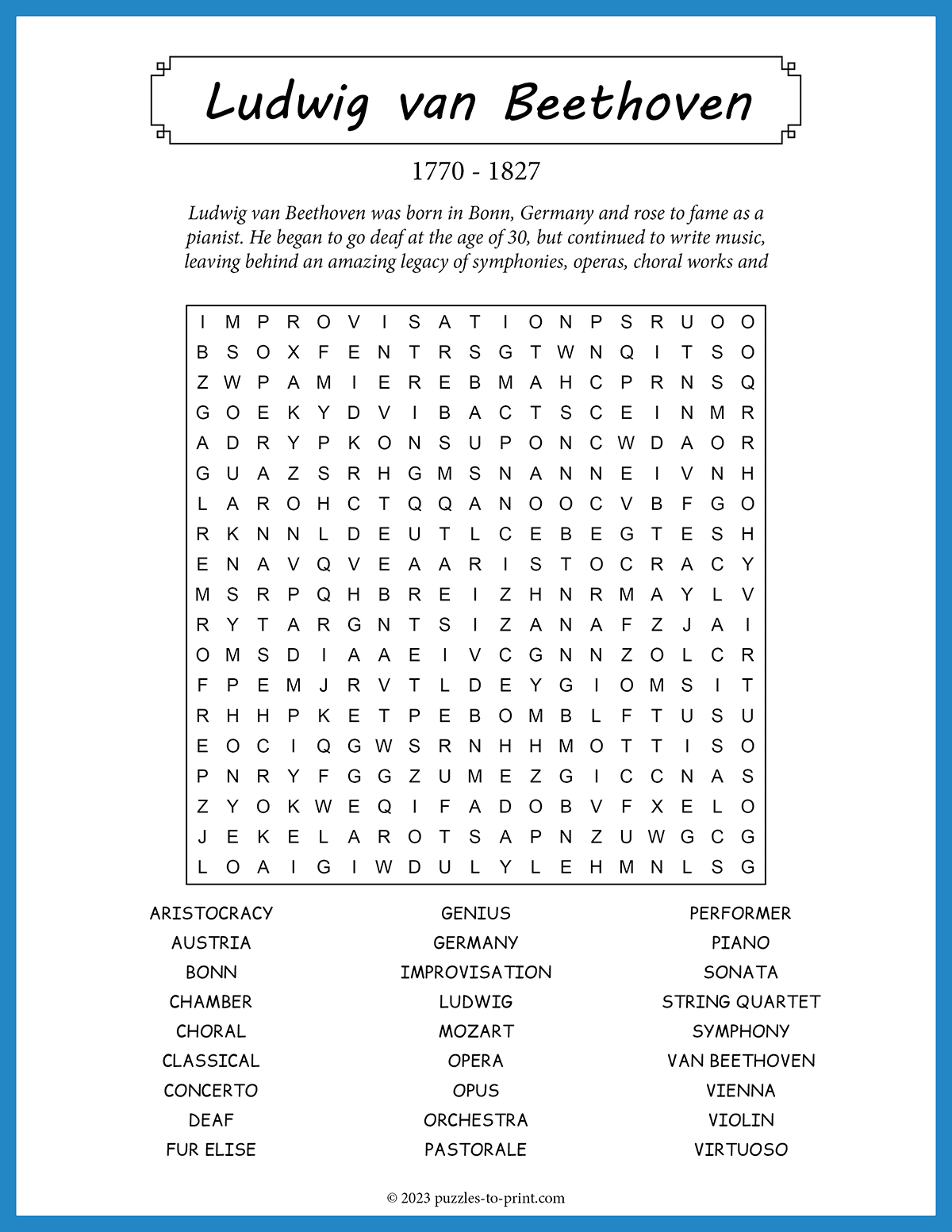 Ludwig Van Beethoven Word Search Ludwig Van Beethoven Word Search