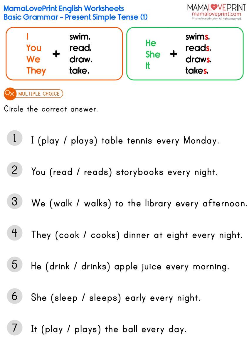 MamaLovePrint Grade 1 English Worksheets Basic Grammar Verbs Present Simple Tense Set 1 7 PDF Free Download MamaLovePrint Grade 1 English Worksheets Basic Grammar Verbs Present Simple Tense Set 1 7 PDF Free Download