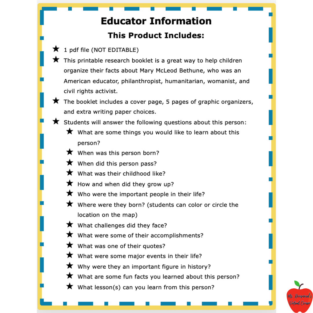 Mary McLeod Bethune All About Research Project Graphic Organizer Biography Made By Teachers Mary McLeod Bethune All About Research Project Graphic Organizer Biography Made By Teachers
