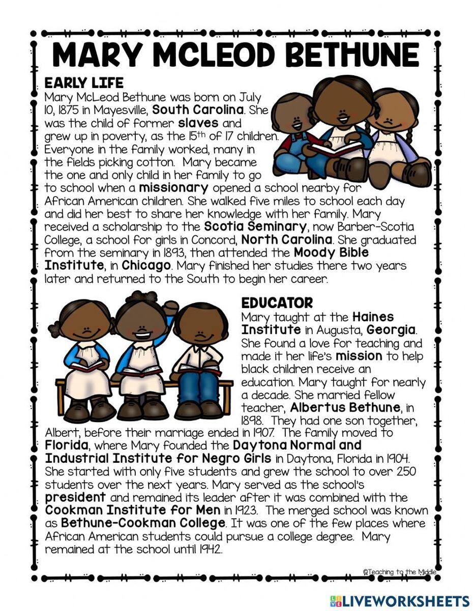 Mary McLeod Bethune Online Exercise For Worksheets Library Mary McLeod Bethune Rosa Parks Sing Color Read And Write Worksheets Library