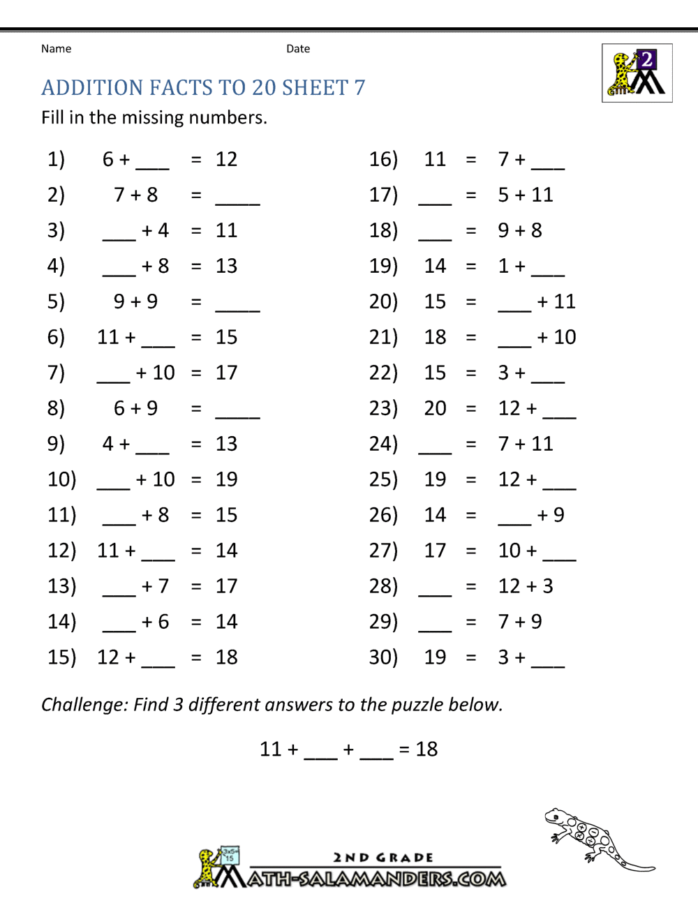 Math Addition Facts To 20 Math Addition Facts To 20