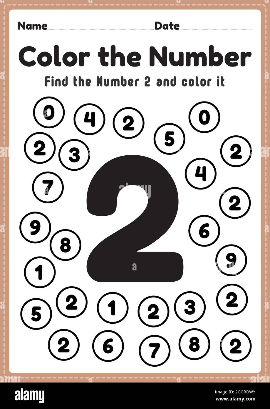 Math Worksheet Number 2 Worksheet Coloring Maths Activities For Preschool And Kindergarten Kids To Learn Basic Mathematics Skills In A Printable Page Stock Vector Image Art Alamy