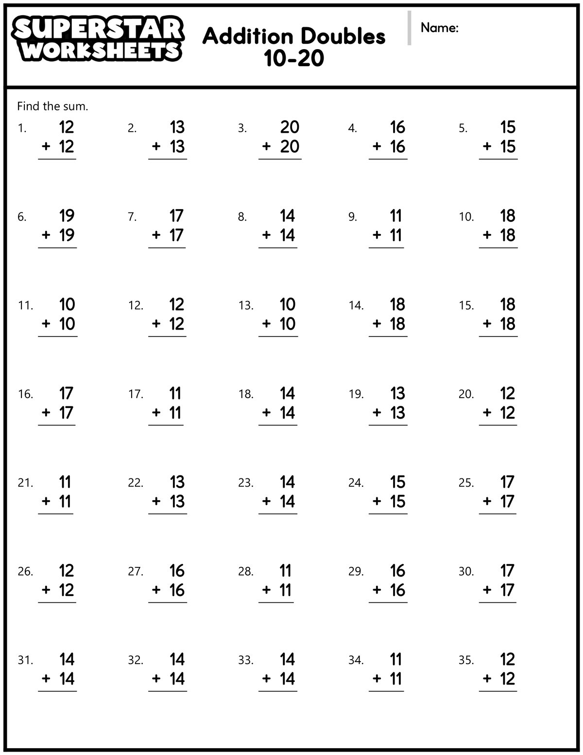 Math Addition Facts To 20