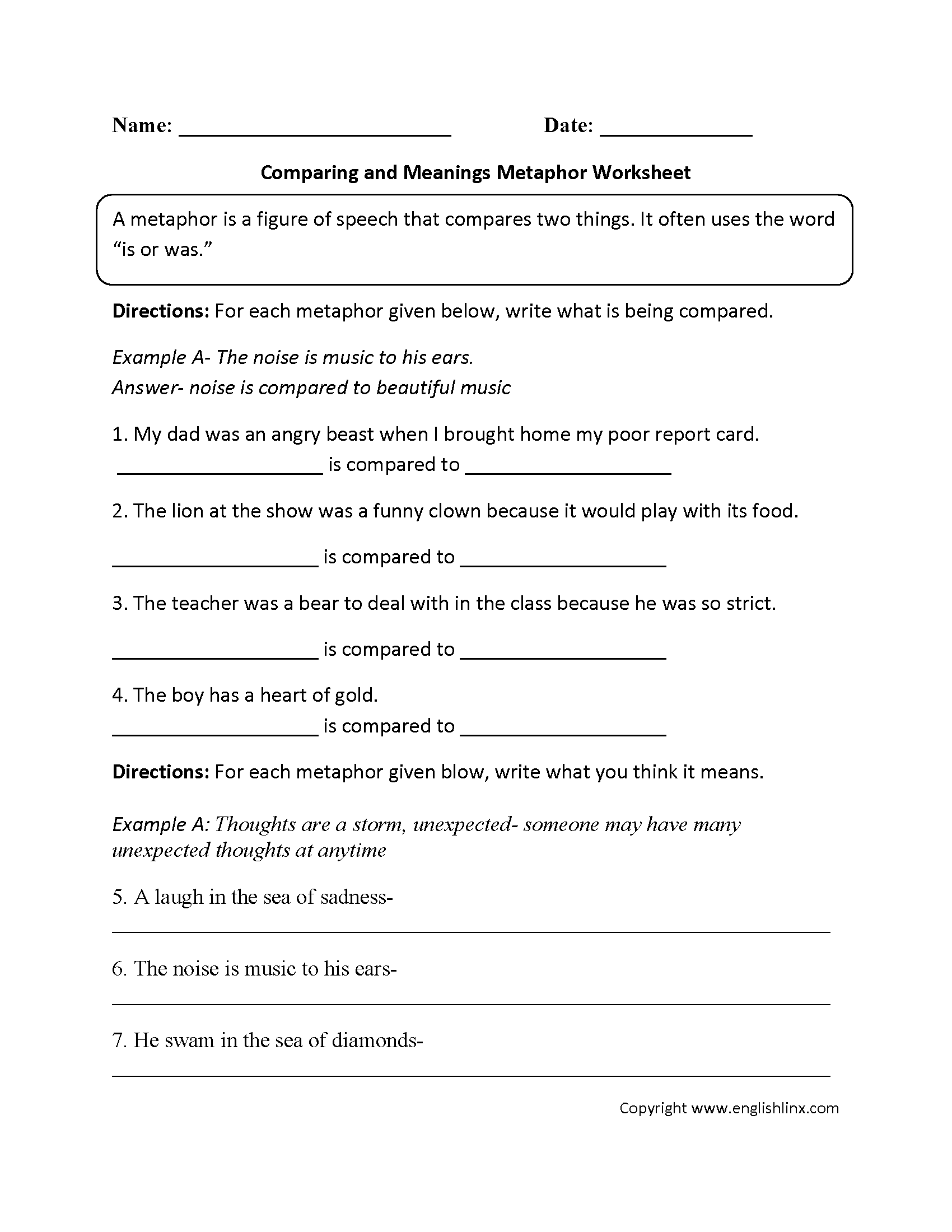 Metaphors Worksheets Free Figurative Language Practice
