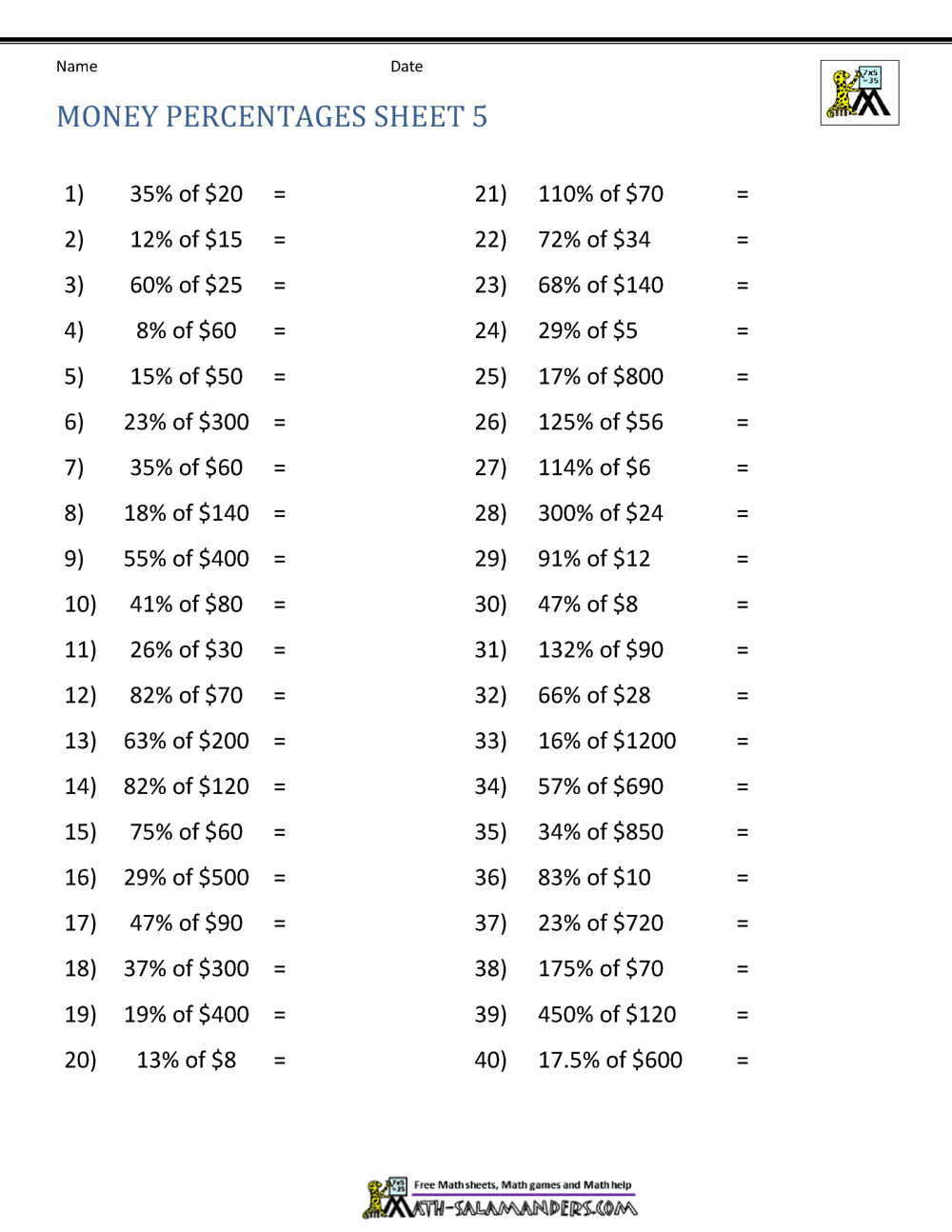 Percent Of A Number Worksheets