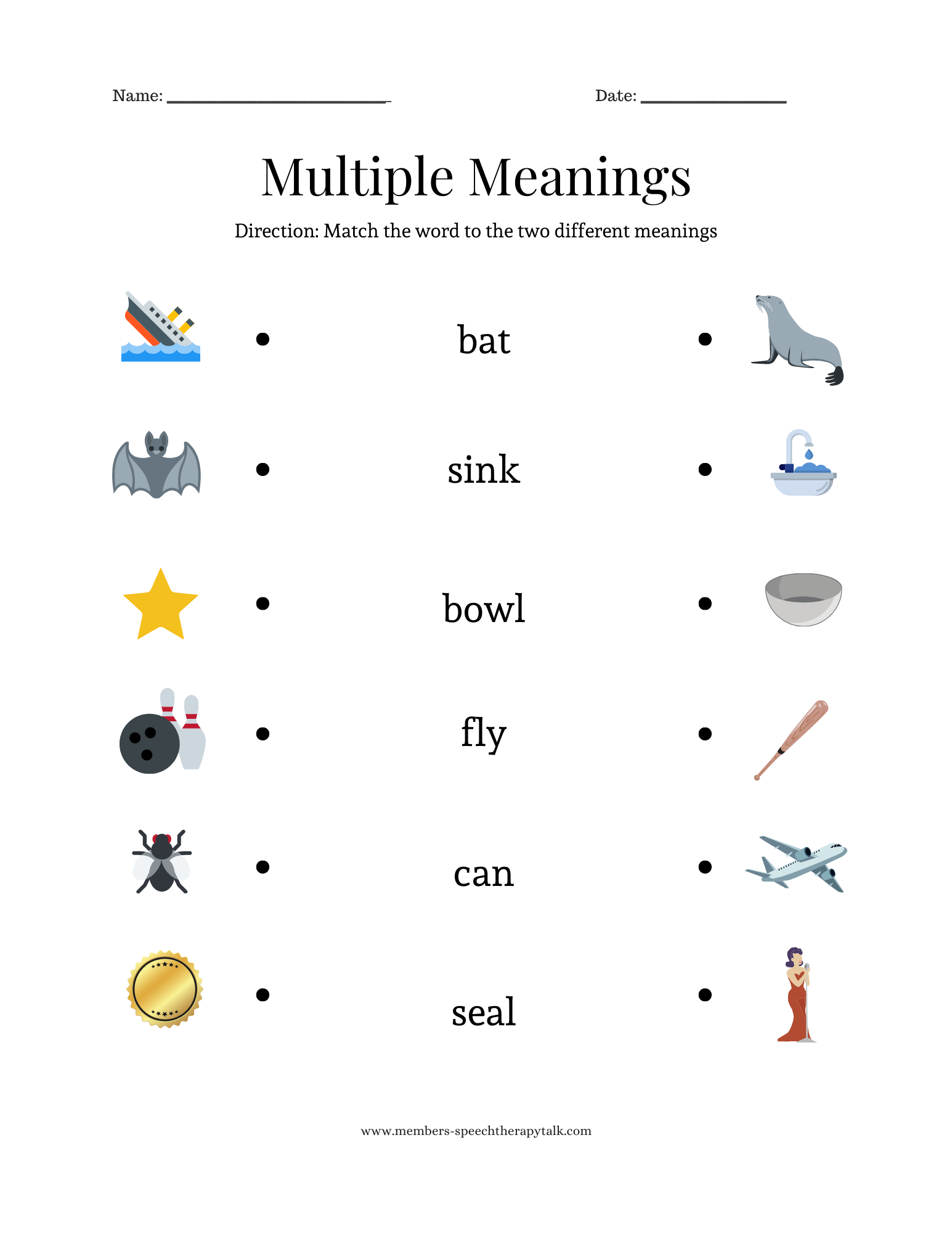 Multiple Meanings Matching Speech Therapy Talk Membership Multiple Meaning Words Online Activity Worksheets Library