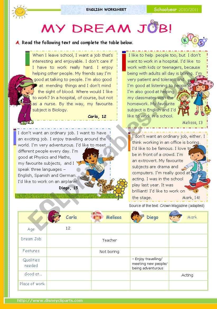 My Dream Job Reading Leading To Writing Series For Upper Elementary Students 1st 45 Minute lesson ESL Worksheet By Mena22
