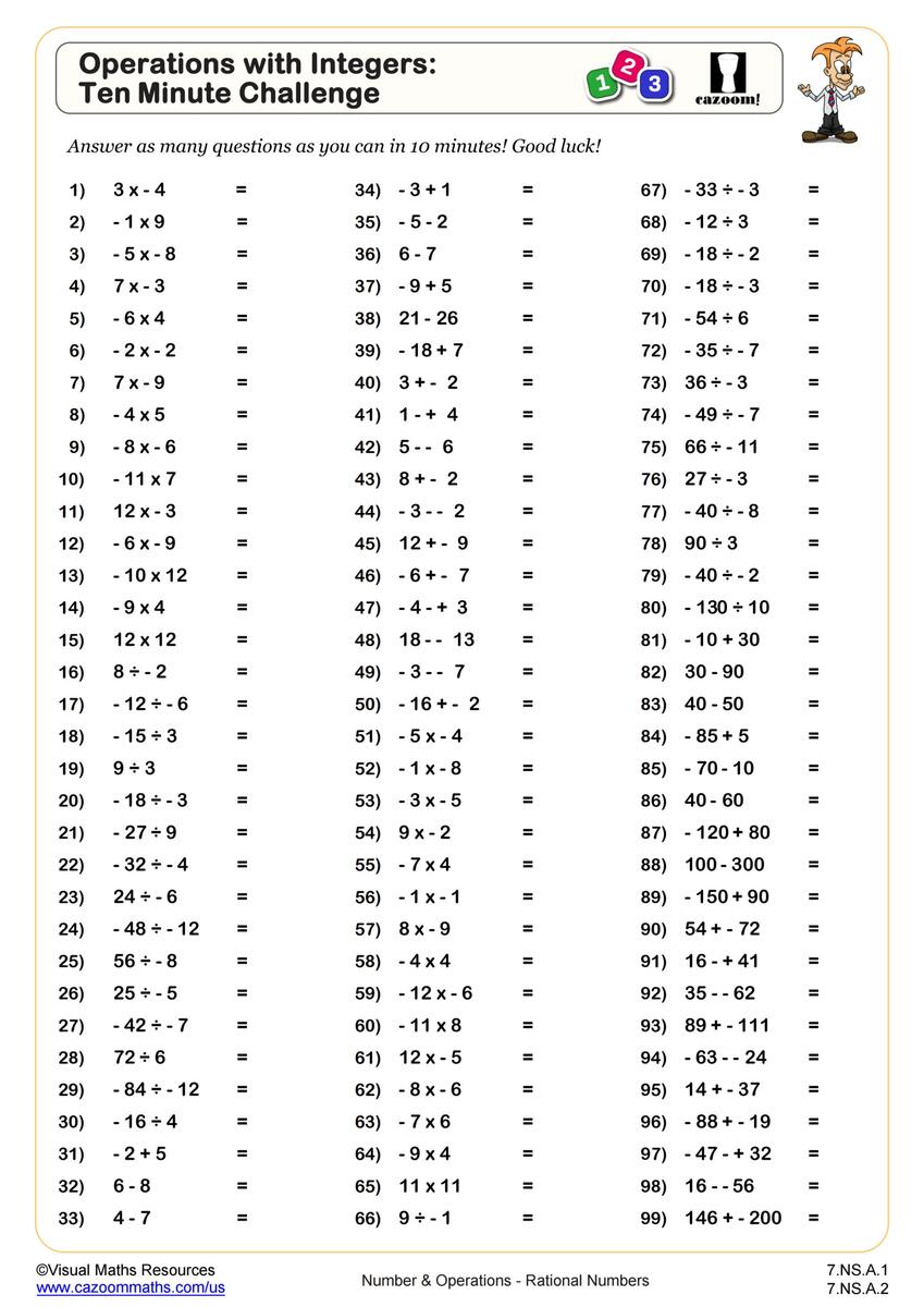 Operations With Integers Ten Minute Challenge Worksheet PDF Printable Number Operations Worksheet Cazoom Math Eighth Grade Addition Worksheet