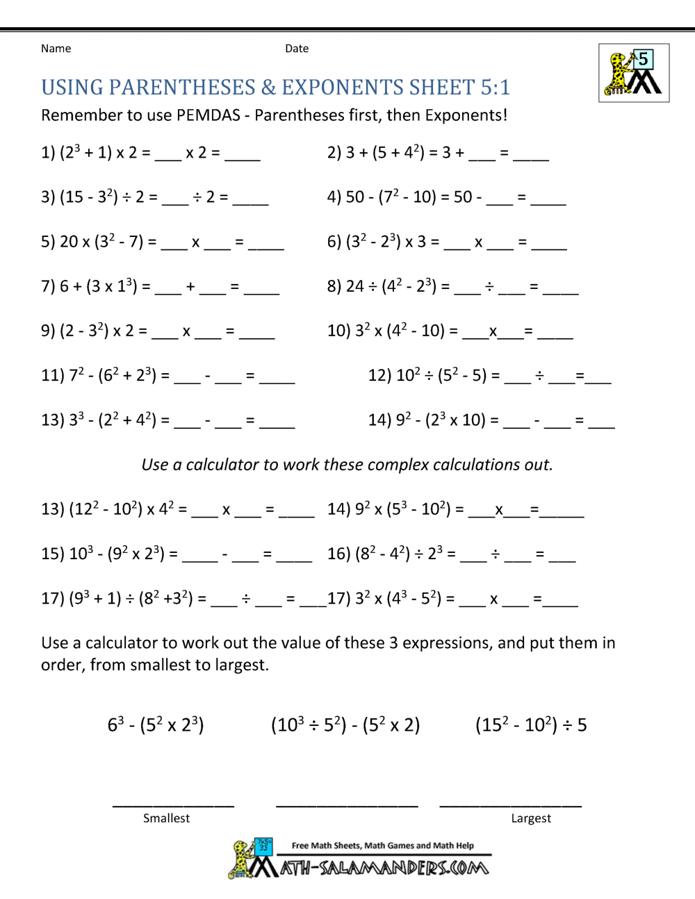 PEMDAS Problems Grade 5 Multiplication Worksheets