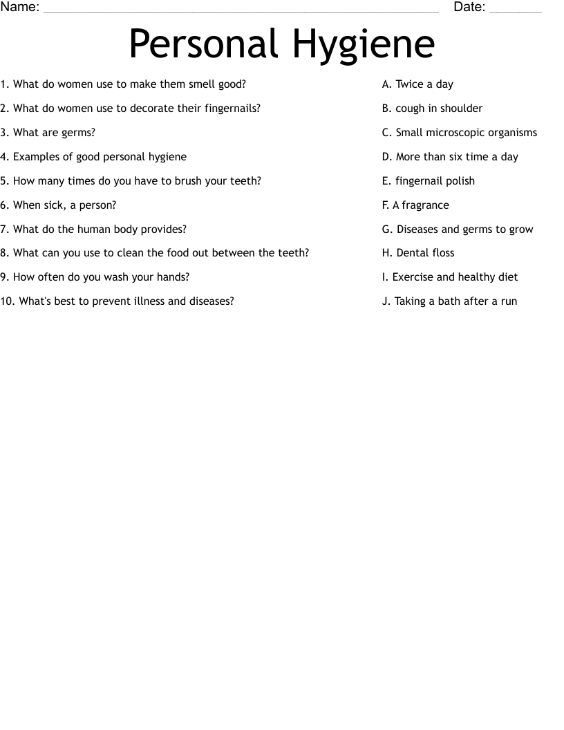 Personal Hygiene Worksheet WordMint Personal Hygiene Worksheet WordMint