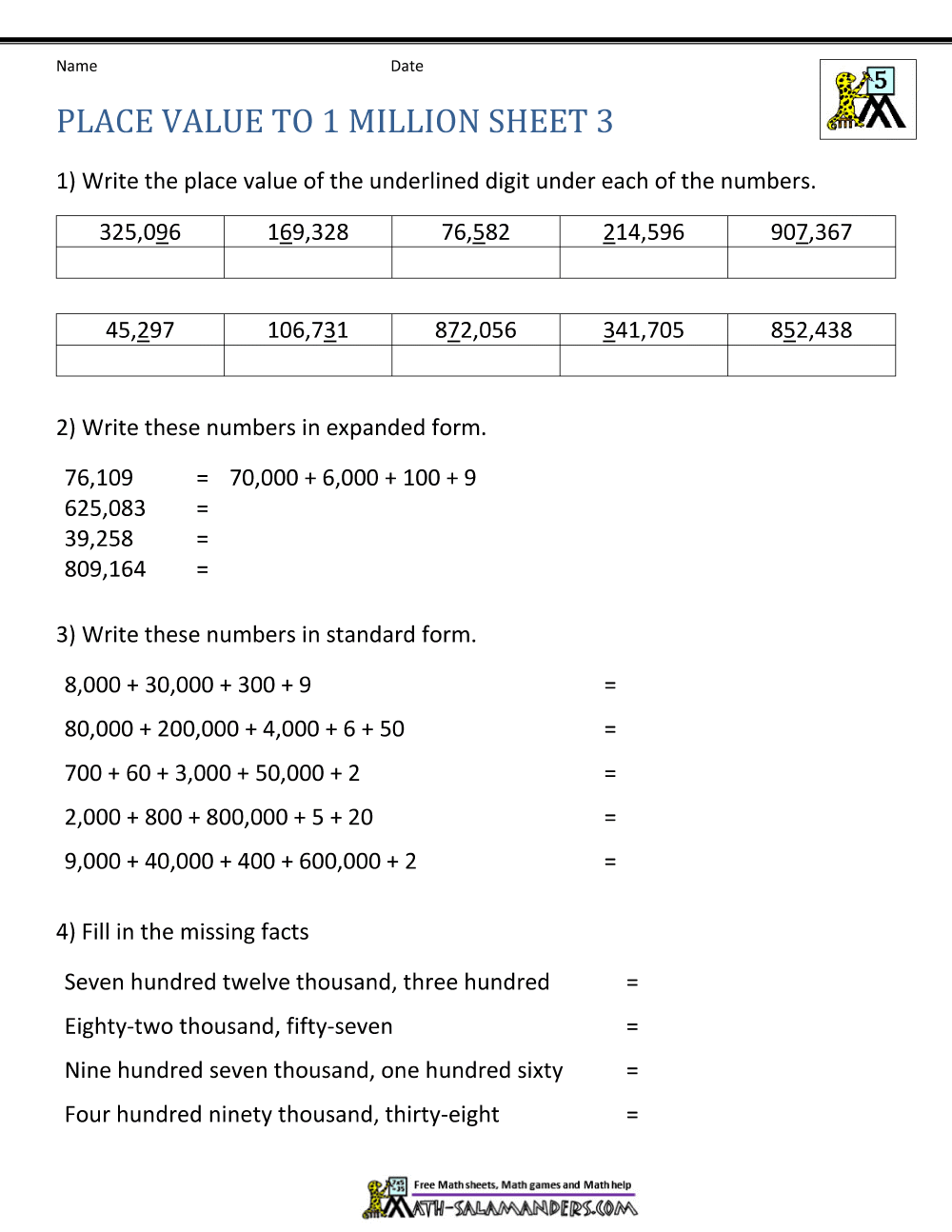 Place Value Worksheet Up To 10 Million