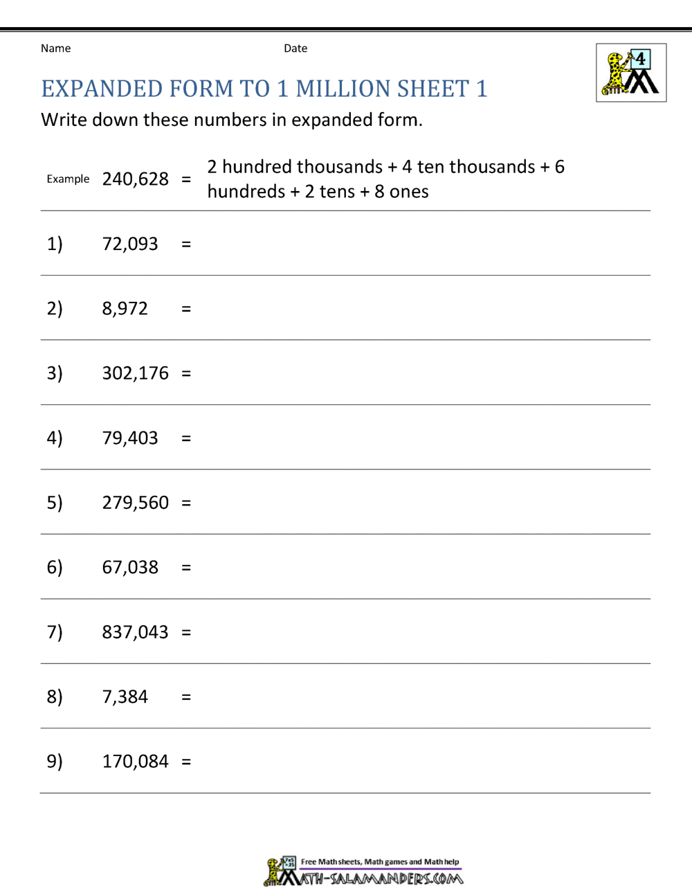 Place Value Worksheet Up To 10 Million