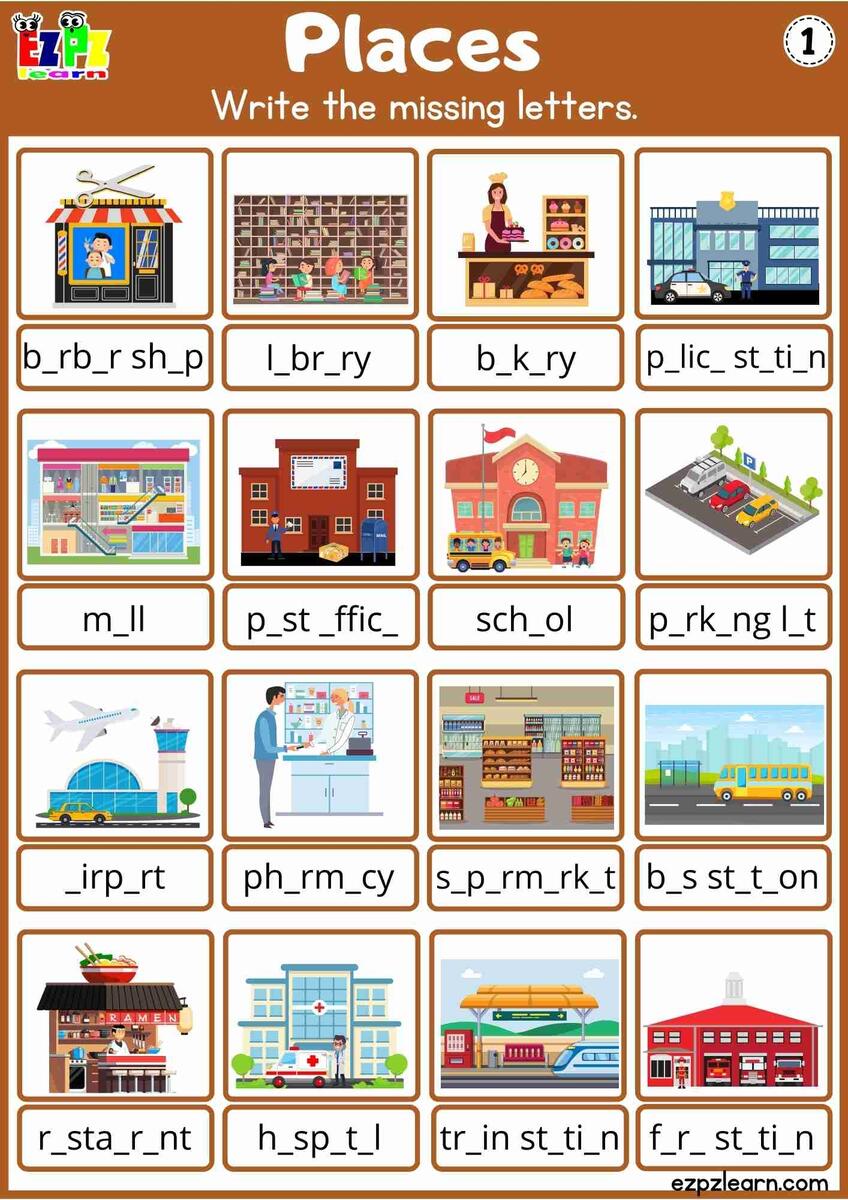 Places In The City Fill In The Missing Letters Worksheet Free PDF For Primary Students English Language Learners 1 4 Ezpzlearn Places In The City Fill In The Missing Letters Worksheet Free PDF For Primary Students English Language Learners 1 4 Ezpzlearn