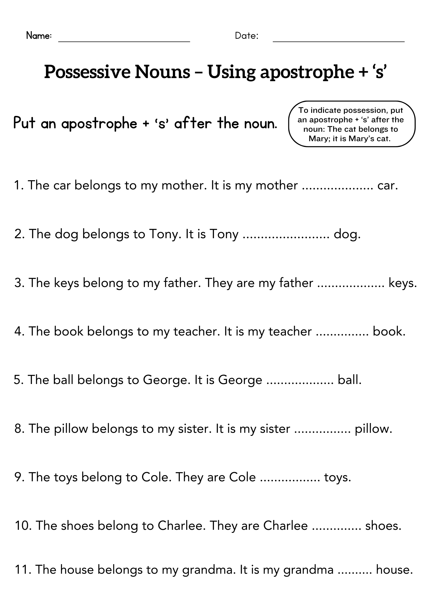 Possession Words Worksheet For Grade 1 Or 2 Possessive Apostrophe Activity Made By Teachers Possessive Nouns Worksheets Writing Singular Possessive Nouns Worksheets