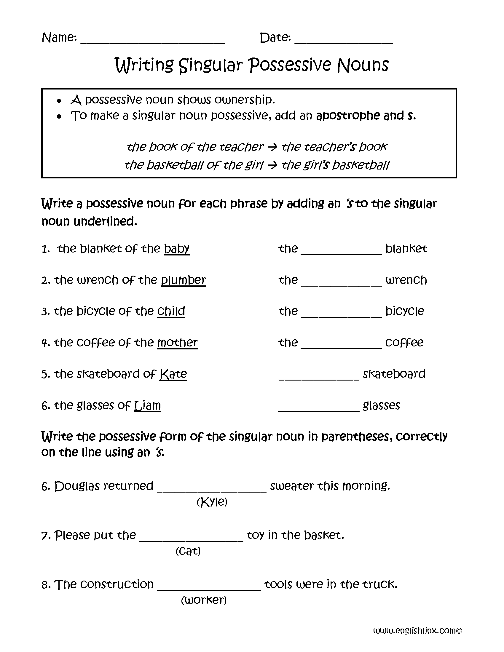 Possessive Nouns Worksheets Writing Singular Possessive Nouns Worksheets Possessive Nouns Worksheets Writing Singular Possessive Nouns Worksheets