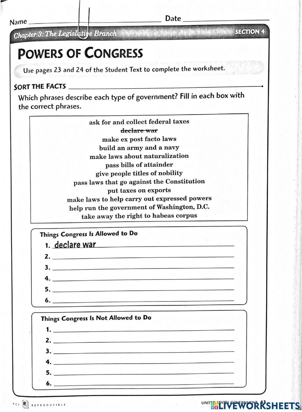 Powers Of Congress Online Exercise For Worksheets Library Powers Of Congress Online Exercise For Worksheets Library
