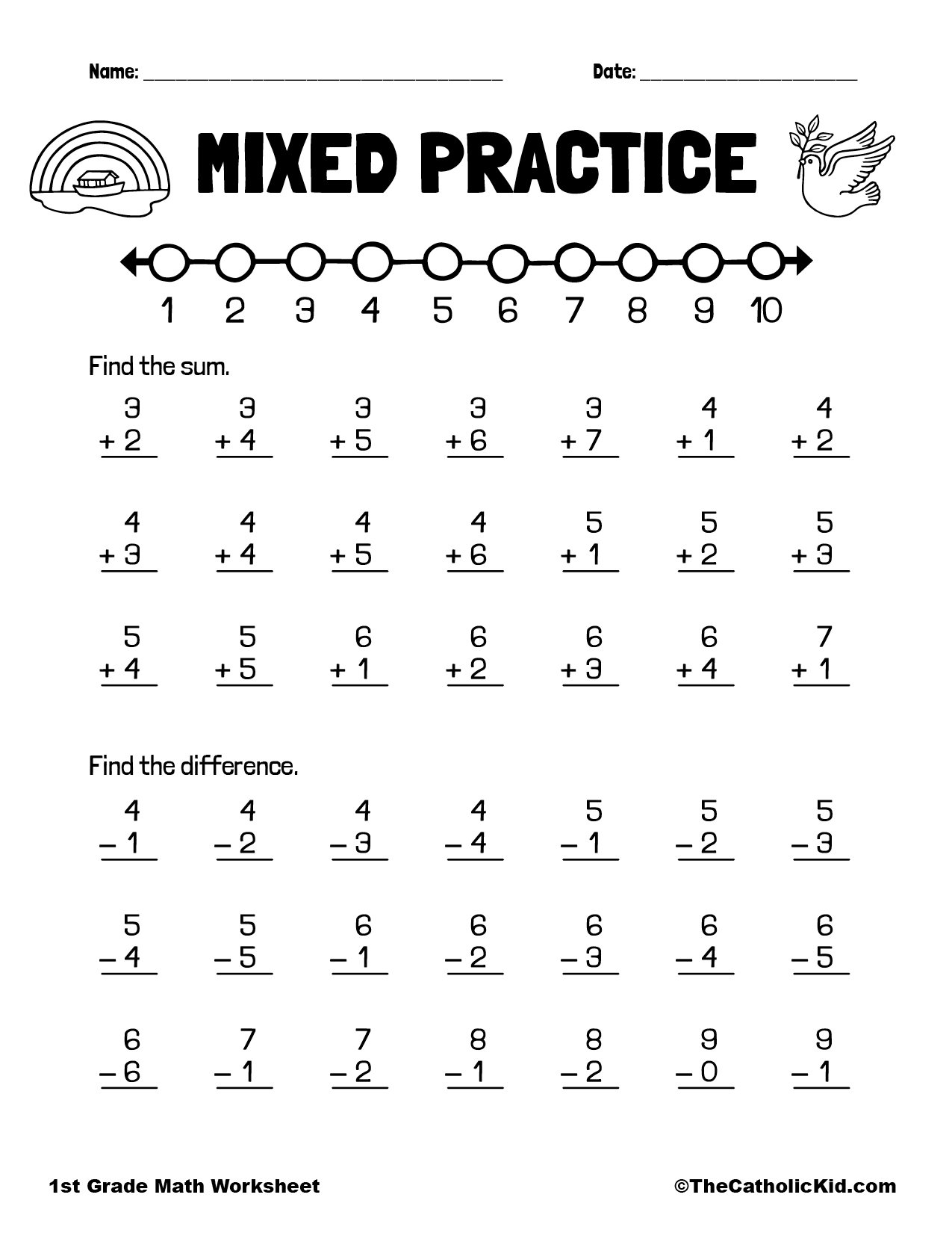 Practice Addition Subtraction 1st Grade Math Worksheet Catholic TheCatholicKid Addition Using A Number Line Worksheets No Prep Math Worksheets 1st 2nd Grade Teaching Ideas Made Easy